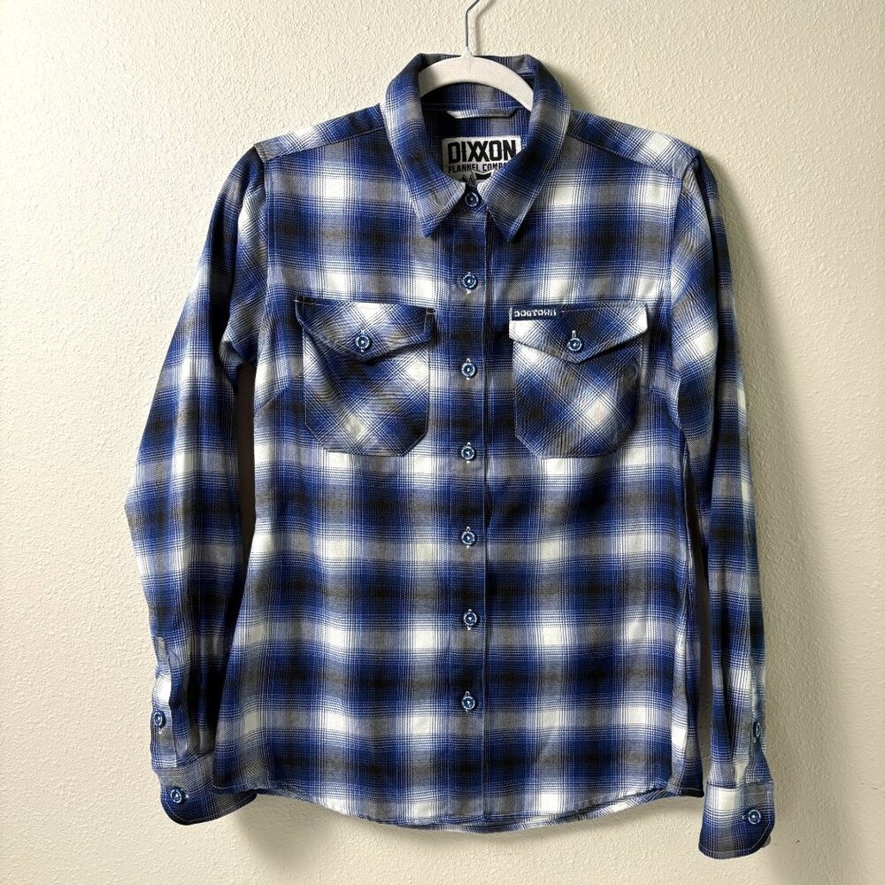 Dixxon Flannel Company Dog Town Shirt Womens M Blue Plaid Button Up Long Sleeve
